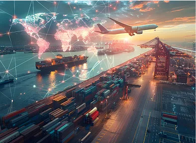 Containerhafen und Frachtflugzeug, Sinnbild für die internationale Beschaffung von Industriekomponenten